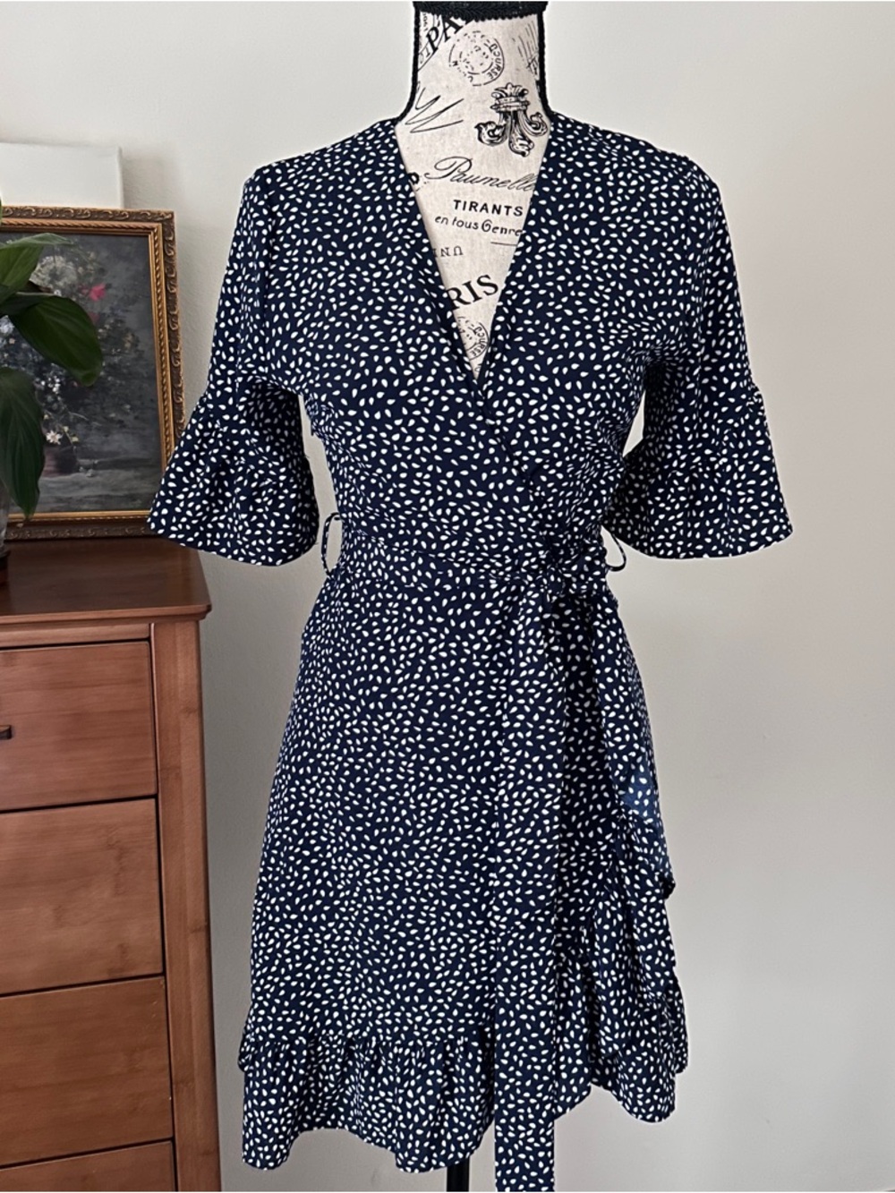 The Editor’s Market Navy Wrap Dress Polka Dot Ruffle Mini S